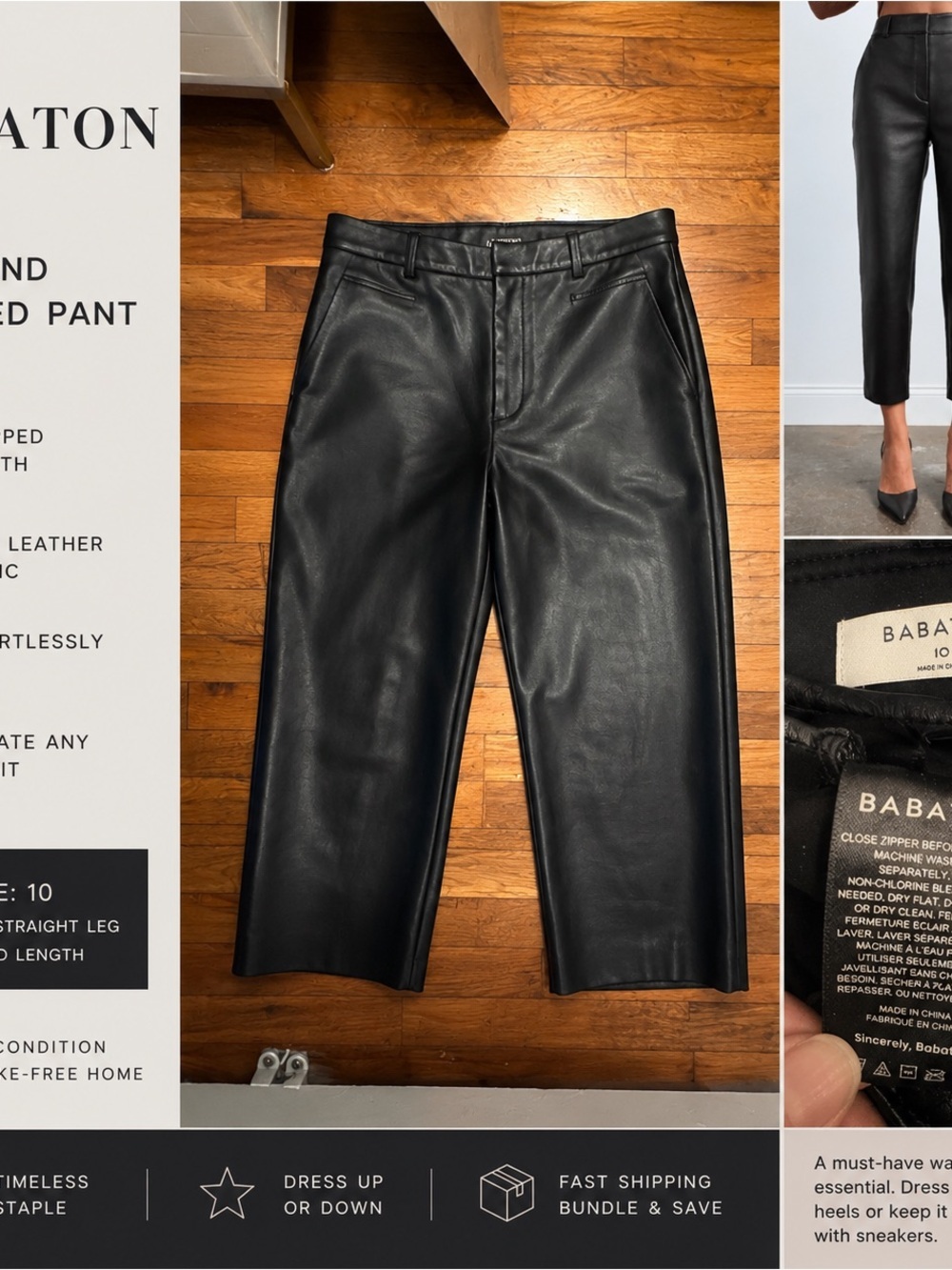 Babaton Black Faux Leather Cropped Straight Pants